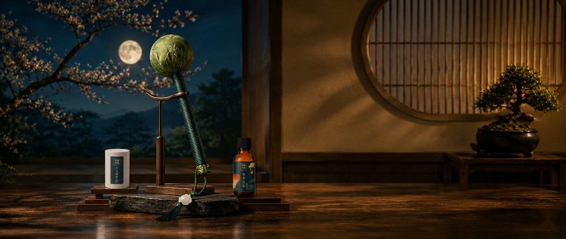 月映芳華草本精萃油、月光暖敷巾與艾草舒心錘的月下儀式情境